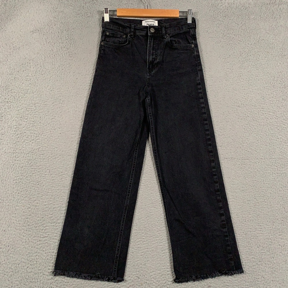 Reformation Cynthia High Rise Wide Leg Jeans Women 25 Black Frayed Raw Hem Denim